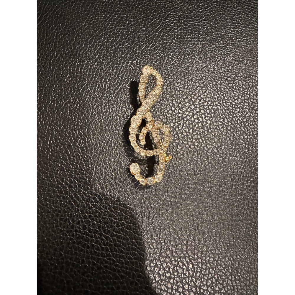 Vintage Treble Clef Music Note Brooch Gold Tone Rhinestone G-Clef Pin Accessory